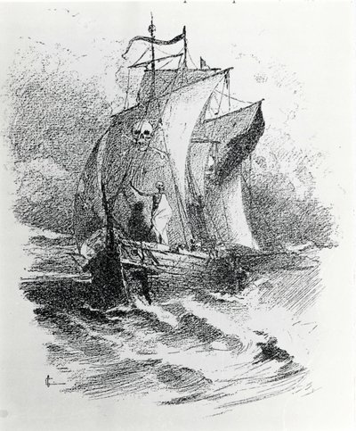 Die Legende vom Geisterschiff oder dem Fliegenden Holländer: Ein niederländischer Kommandant, der sein Schicksal herausfordern wollte, soll dazu verurteilt worden sein, für immer auf seinem Schiff umherzuwandern und den Schiffen, die seinen Weg kreuzen, Un von Unknown artist