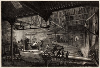Die Herstellung der Schienen in den alten Schmieden von Le Creusot, die Stahlstreifen, weiß vor Hitze, werden zwischen den Walzwerken zu Schienen gestreckt. Gravur zur Illustration einer Reise nach Le Creusot und den Minen von Saone und Loire, 1865, von L. von Unknown artist