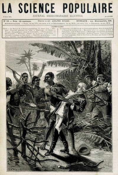Die Märtyrer der Geographischen Wissenschaft: Tod von Captain Cook. Titelbild „La Science populaire“ vom 27. Mai 1880. von Unknown artist