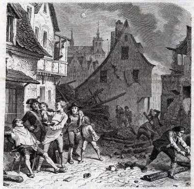 Die Rasierwasserschale von Lille. Eine Episode aus der Belagerung von Lille im Jahr 1792 während der Französischen Revolutionskriege - Le siège de Lille en octobre 1792 - Revolution française - Bombardement durch Österreicher und Preußen - Barbier benutzt  von Unknown artist