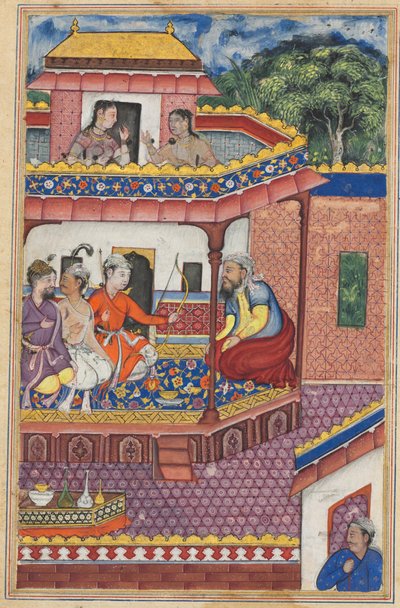 Die drei jungen Männer stellen sich als Freier für die Hand von Zuhra, der Tochter des Kaufmanns von Kabul, vor, aus einem Tuti-nama (Geschichten eines Papageis): Vierunddreißigste Nacht von Unknown artist