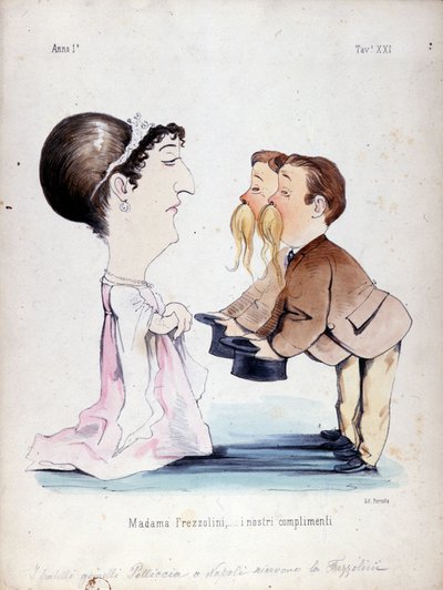 Die Zwillingsbrüder Pelliccia empfingen Erminia Frezzolini, die italienische Sopranistin (1818-1884). Karikatur aus dem 19. Jahrhundert. von Unknown artist