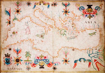 Dieser Typ früher Pergament-Seekarte entstand im Mittelmeer im 13. Jahrhundert, um 1610 (Manuskript) von Unknown artist
