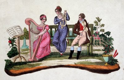 Drei Personen spielen Musikinstrumente in einem Garten: Harfe, Leier, Viola. Radierung, 18. Jahrhundert von Unknown artist