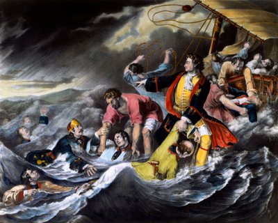 Zar Peter I. der Große (1672-1725) rettet Soldaten vor dem Ertrinken während eines Sturms. Anonymer Druck um 1724. St. Petersburg, Bibliothek der Eremitage von Unknown artist