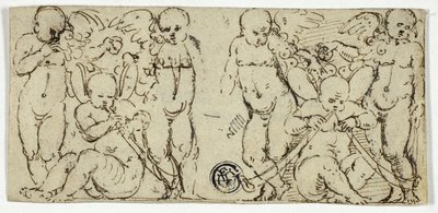 Zwei dekorative Gruppen von Putti mit Trompeten und Früchten von Unknown artist