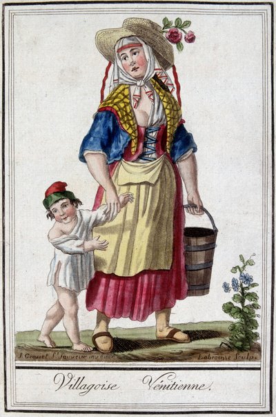 Venezianisches Dorf mit ihrem Sohn. Gravur aus dem 18. Jahrhundert von Unknown artist