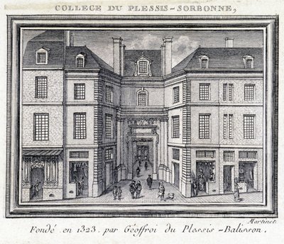Ansicht der Außenfassade des Plessis-Sorbonne-Kollegs (Paris), gegründet 1323 von Geoffroy von Plessis Balisson, genutzt von 1848 bis 1849 von der ENA. Gravur im Musée Carnavalet, Paris von Unknown artist