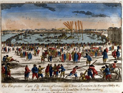 Ansicht des Festes, das in Florenz am Ufer des Arno von Großherzog der Toskana anlässlich der Hochzeit von Heinrich IV. mit Maria von Medici im Jahr 1600 gegeben wurde. Gravur von Unknown artist