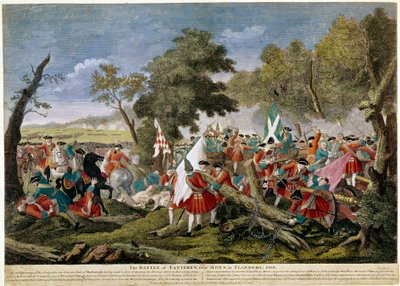 Spanischer Erbfolgekrieg (1701-1714): Ansicht der Schlacht von Malplaquet nahe Mons an der französisch-belgischen Grenze 11/09/1709 zwischen französischen und spanischen Truppen und einer englisch-niederländisch-österreichischen Koalition - Drucke von 1709 von Unknown artist
