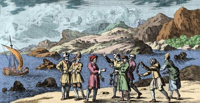 Hexerei und Glauben: Finnen und Sami provozieren einen Sturm durch die Magie von drei Knoten. Gravur aus „Mundi Mirabilis Oeconomia“ von Johann Zahn (1631-1707) von Unknown artist