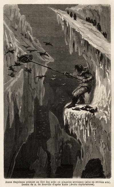 Junger Eskimo, der arktische Pinguine fängt. Illustration der Reise zum freien Meer des Arktischen Pols, von Dr. Hayes, Chirurg der US-Marine, 1860-1862, veröffentlicht in "Le tour du monde, nouveau journal des voyages" von Unknown artist