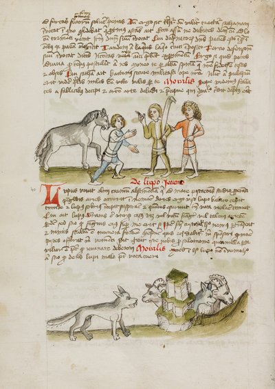 Ein Mann führt ein Pferd zu zwei anderen Männern; Ein Wolf vor einer Herde von Schafen und Widdern von Unknown artist/maker