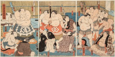 Kampf der Sumo-Ringer Shitaky Beya und Hidenoyama von Utagawa Kunisada