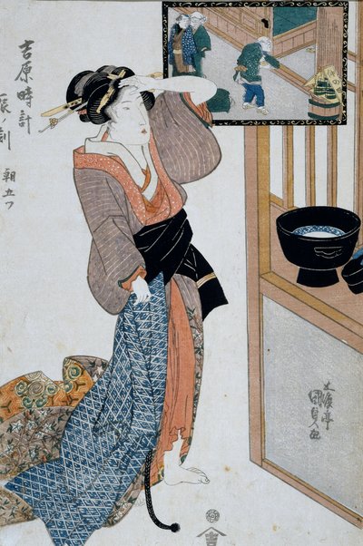 Stunde des Tigers, siebte Stunde des Morgens, ca. 1818, Ukiyo-e Kunstdruck von Utagawa Kunisada aus Die zwölf Stunden in Yoshiwara, Oban-tate-e Holzschnitt, japanische Zivilisation von Utagawa Kunisada