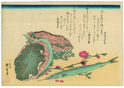 Abalone, Halbschnabel und Pfirsichblüten von Utagawa Hiroshige