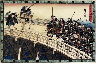 Akt 11 Szene 5 des Nachtangriffs; Verhaftung auf der Ryo_goku-Brücke, ca. 1838 von Utagawa Hiroshige