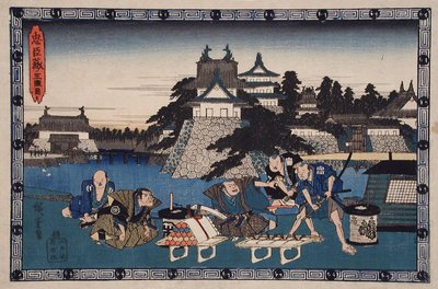 Akt III: Bannai, Gefolgsmann von Moronao, mit Liste der Geschenke zur Besänftigung von Moronao, beobachtet von Honzō links von Utagawa Hiroshige