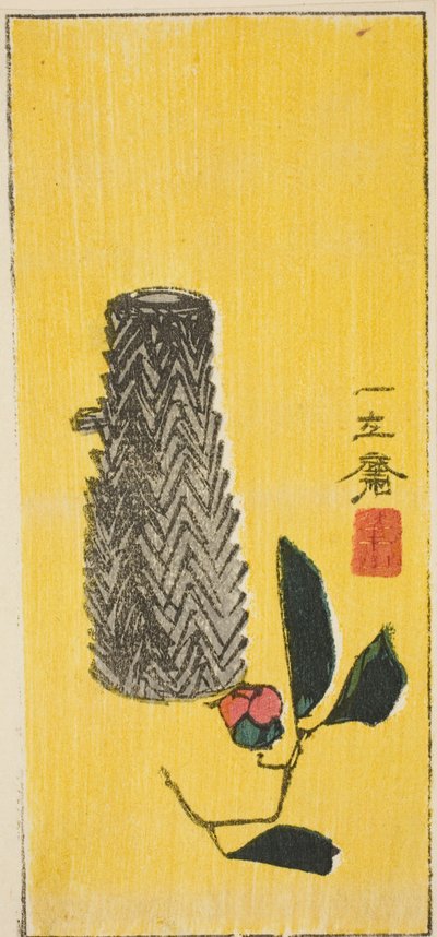 Kamelie und Korb, Abschnitt eines unbetitelten Harimaze-Blattes von Utagawa Hiroshige