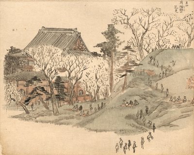 Kirschblütenbetrachtung am Tempel auf dem Berg Suribachi nach einem Entwurf in Band 5 des Bilderbuchs der Souvenirs von Edo (Ehon Edo miyage) von Utagawa Hiroshige