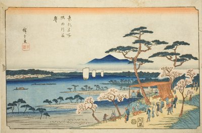 Kirschblüten in voller Blüte entlang des Sumida-Flusses, aus der Serie "Berühmte Orte in der östlichen Hauptstadt" von Utagawa Hiroshige