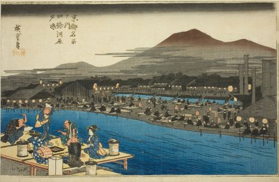Genießen der Abendkühle am Flussbett bei Shijo (Shijogawara yusuzumi), aus der Serie "Berühmte Orte in Kyoto (Kyoto meisho no uchi)" von Utagawa Hiroshige