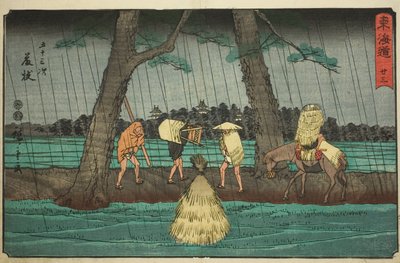 Fujieda—Nr. 23, aus der Serie "Dreiundfünfzig Stationen des Tokaido (Tokaido gojusan tsugi)", auch bekannt als der Reisho Tokaido von Utagawa Hiroshige
