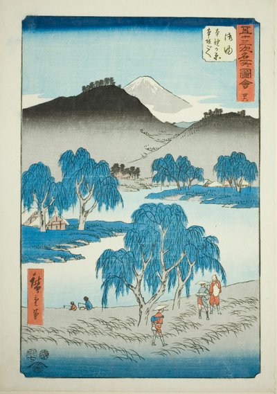 Goyu: Motono-Ebene und Motosaka-Pass (Goyu, Motonogahara Motozaka goe), Nr. 36 aus der Serie "Berühmte Ansichten der dreiundfünfzig Stationen (Gojusan tsugi meisho zue)", auch bekannt als das vertikale Tokaido von Utagawa Hiroshige