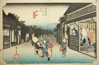 Goyu: Frauen stoppen Reisende (Goyu tabibito tomeru onna), aus der Serie "Dreiundfünfzig Stationen des Tokaido (Tokaido gojusan tsugi no uchi)", auch bekannt als der Hoeido Tokaido von Utagawa Hiroshige