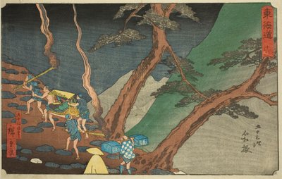 Hakone: Reisen mit Kiefernfackeln in der Nacht (Hakone, yonaka taimatsu tori)—Nr. 11, aus der Serie "Dreiundfünfzig Stationen des Tokaido (Tokaido gojusan tsugi)," auch bekannt als Reisho Tokaido von Utagawa Hiroshige