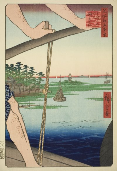Haneda-Fähre und Benten-Schrein (Haneda no watashi Benten no yashiro), aus der Serie "Hundert berühmte Ansichten von Edo (Meisho Edo hyakkei)" von Utagawa Hiroshige