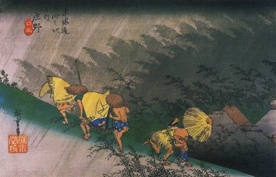 Reisende, überrascht von plötzlichem Regen von Utagawa Hiroshige