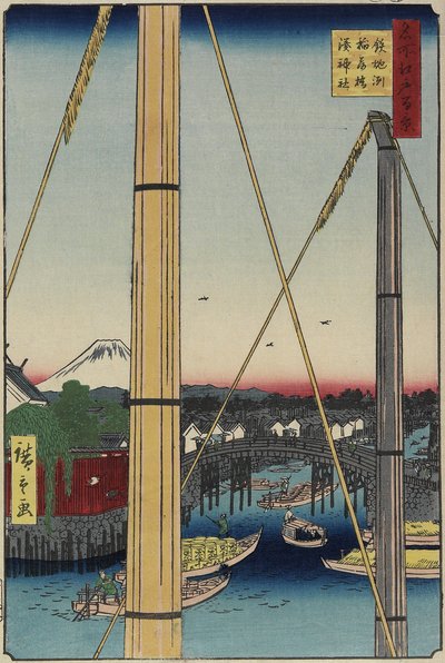 Inari-Brücke und Minato-Schrein, Teppo_zu, März 1857 von Utagawa Hiroshige