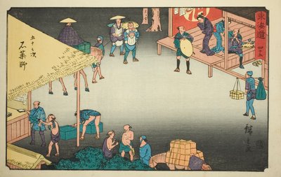 Ishiyakushi—Nr. 45, aus der Serie "Dreiundfünfzig Stationen des Tokaido (Tokaido gojusan tsugi)," auch bekannt als Reisho Tokaido von Utagawa Hiroshige