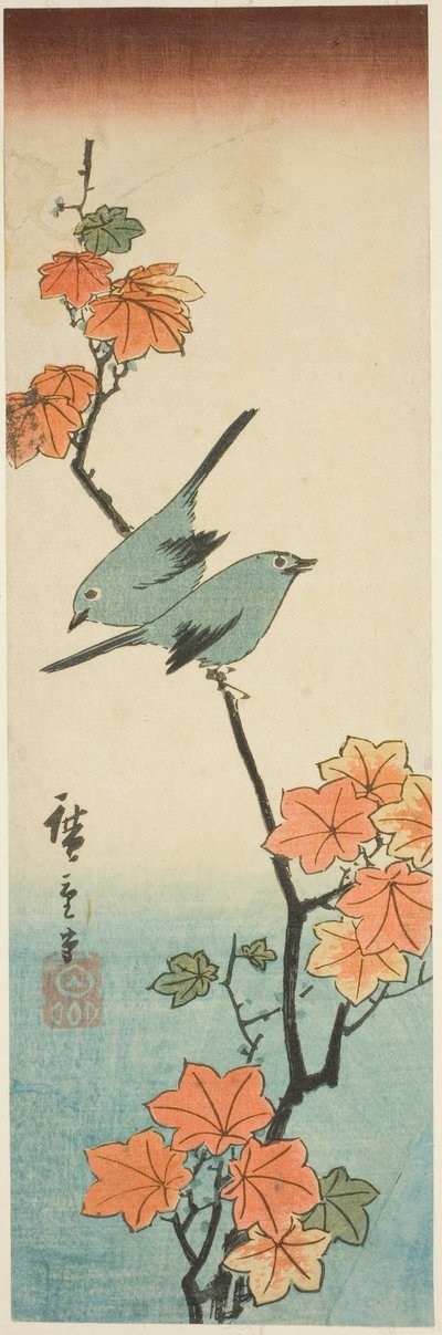 Japanische Weißaugen auf einem Ahornzweig von Utagawa Hiroshige