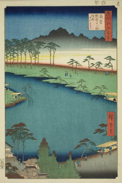 Kumano Junisha-Schrein in Tsunohazu, allgemein bekannt als Juniso, aus der Serie "Hundert berühmte Ansichten von Edo" von Utagawa Hiroshige