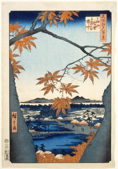 Ahornbäume bei Mama, Tekona-Schrein und verbundene Brücke von Utagawa Hiroshige