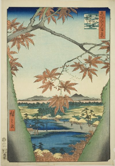 Ahornbäume bei Mama, Tekona-Schrein und Tsugi-Brücke (Mama no momiji, Tekona no yashiro, Tsugihashi), aus der Serie "Hundert berühmte Ansichten von Edo (Meisho Edo hyakkei)" von Utagawa Hiroshige