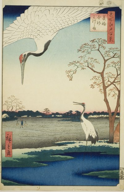 Minowa, Kanasugi, Mikawashima, aus der Serie „Hundert berühmte Ansichten von Edo (Meisho Edo hyakkei)“ von Utagawa Hiroshige