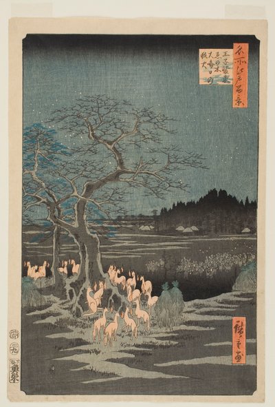Silvester-Füchse am Wandelbaum, Ōji, aus der Serie "Hundert berühmte Ansichten von Edo" von Utagawa Hiroshige