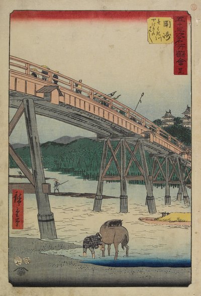 Nr. 39 Yahagi-Brücke über den Yahagi-Fluss, Okazaki, Juli 1855 von Utagawa Hiroshige