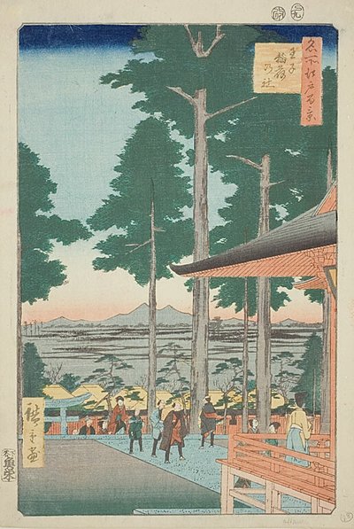 Oji Inari-Schrein (Oji Inari no yashiro), Nr. 18 aus der Serie "Hundert berühmte Ansichten von Edo (Meisho Edo hyakkei)" von Utagawa Hiroshige