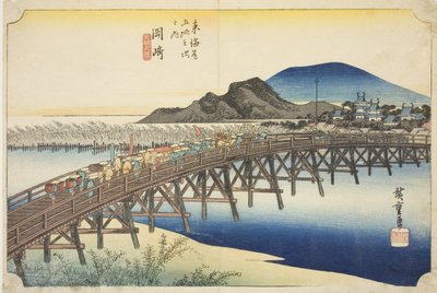Okazaki: Yahagi-Brücke (Okazaki, Yahagi no hashi), aus der Serie "Dreiundfünfzig Stationen des Tokaido (Tokaido gojusan tsugi no uchi)," auch bekannt als Hoeido Tokaido von Utagawa Hiroshige