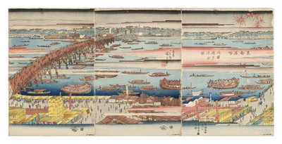 Panoramablick auf einen Sommerabend an der Ryogoku-Brücke, ca. 1832-34 von Utagawa Hiroshige