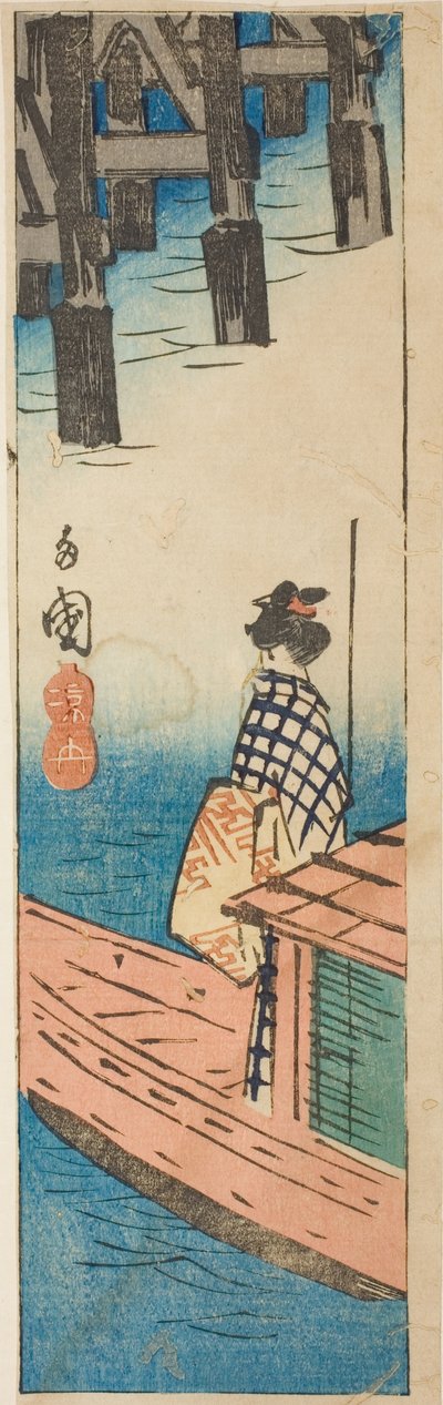 Vergnügungsboot an der Ryogoku-Brücke, Abschnitt eines Blattes aus der Serie "Ausschnitte berühmter Orte in Edo" von Utagawa Hiroshige