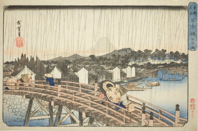 Regen an der Nihonbashi-Brücke (Nihonbashi no hakuu), aus der Serie "Berühmte Orte in der östlichen Hauptstadt (Toto meisho)" von Utagawa Hiroshige