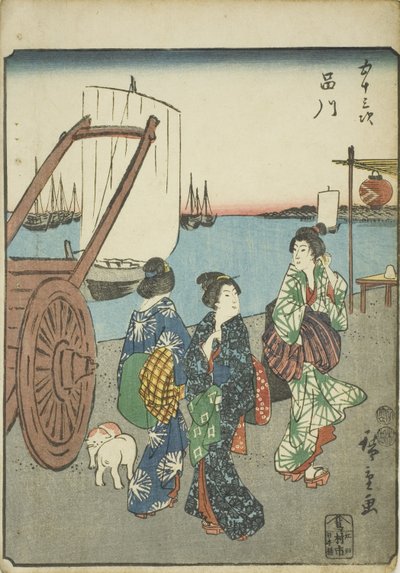 Shinagawa, aus der Serie "Dreiundfünfzig Stationen [des Tokaido] (Gojusan tsugi)," auch bekannt als der Figuren-Tokaido (Jinbutsu Tokaido) von Utagawa Hiroshige