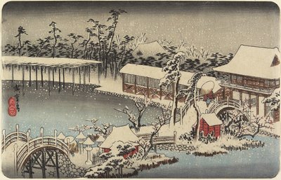Schnee am Schrein von Kameido Tenman, 1832-1834 von Utagawa Hiroshige
