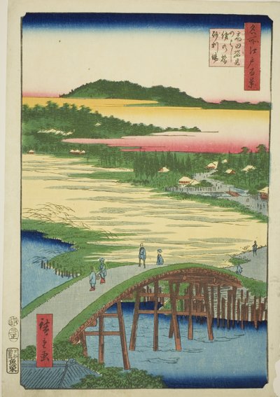 Sugatami-Brücke, Omokage-Brücke und die Kiesgrube bei Takata (Takata Sugataminohashi Omokagenohashi jariba), aus der Serie "Hundert berühmte Ansichten von Edo (Meisho Edo hyakkei)" von Utagawa Hiroshige