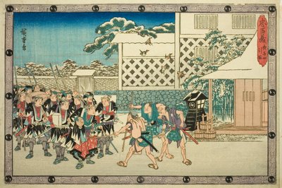 Der nächtliche Angriff, Teil 4: Der Rückzug (Youchi yon, hikitori), aus der Serie "Die Rache der loyalen Vasallen (Chushingura)" von Utagawa Hiroshige